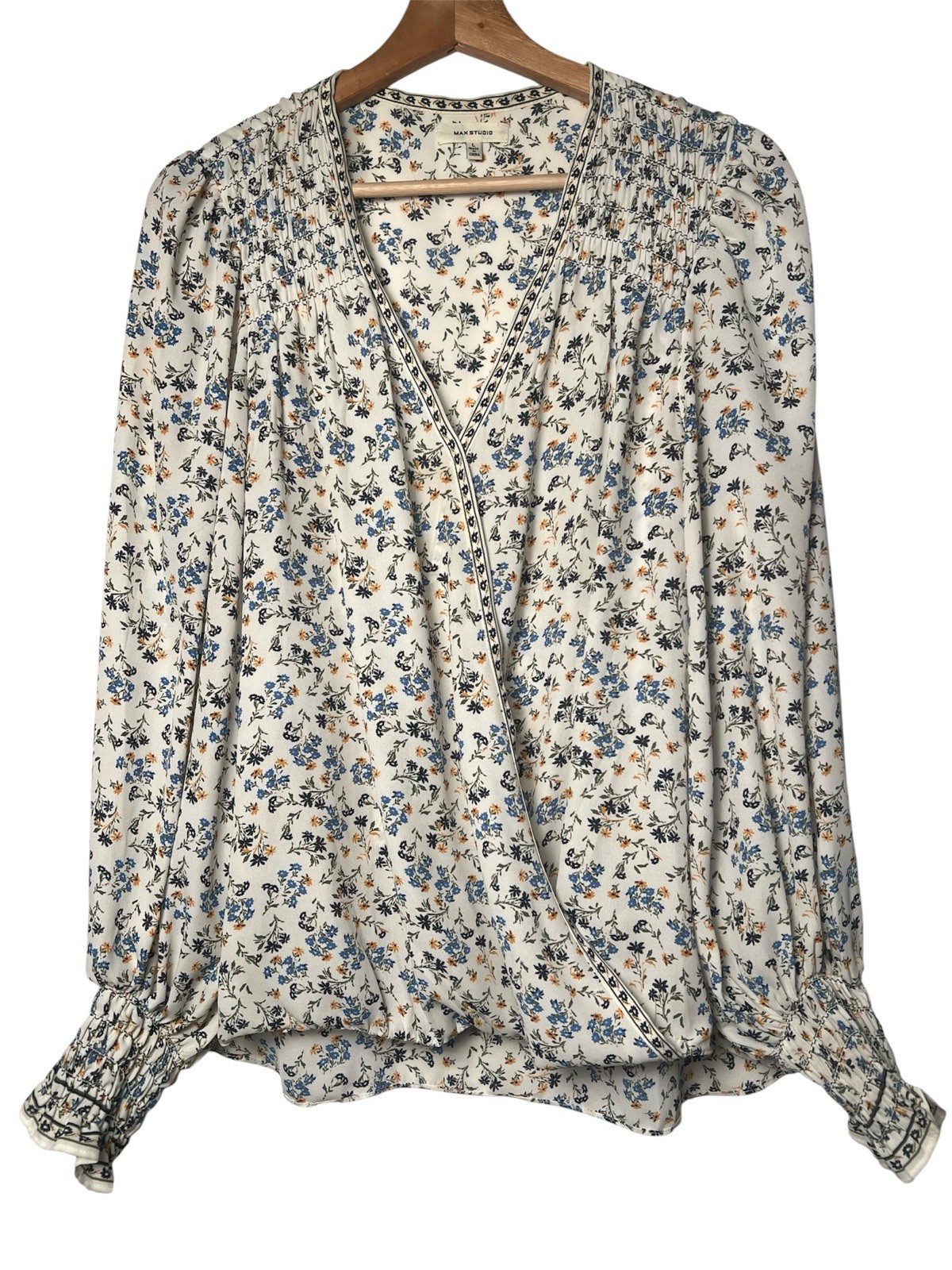 Max Studio Blouse L Floral V-Neck Wrap Front Top Long Sleeve Western Boho