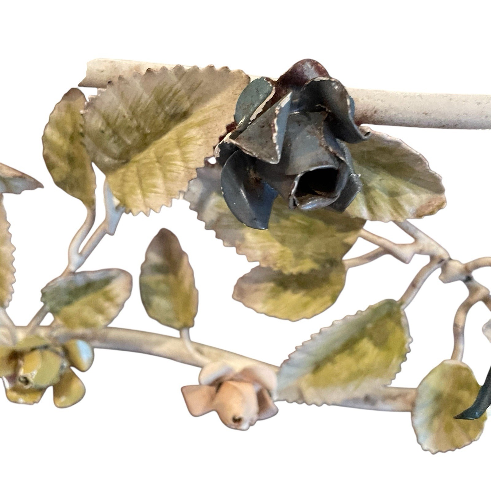 Vintage European BED CANOPY CROWN Cornice Iron Roses Leaves RARE Read Descrip.