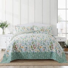 NEWLAKE Cotton Quilt Set, Green Classic Floral Pattern, California King Size