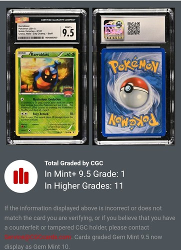 Karrablast 8/101 Holo 2011 City Championship Staff Pokemon Promo Graded CGC 9.5 - Picture 8 of 8