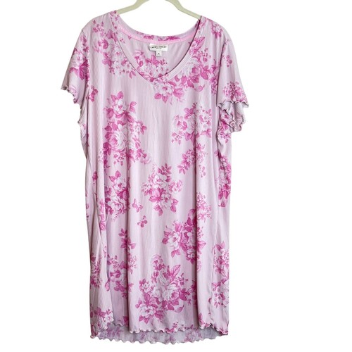 Laura Ashley Damen Nachthemd XL Rosa Blumen Stretch Strick Kurzarm Lounge