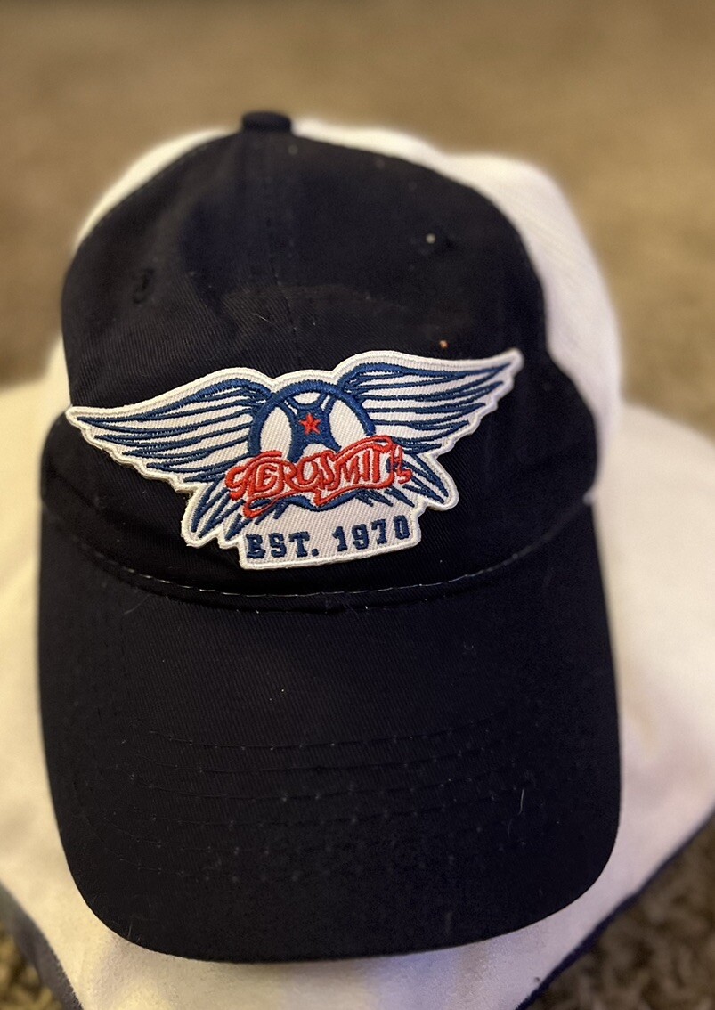 VTG 90s AEROSMITH LOGO ROCK BAND CAP BLUE W/ WHITE MESH PLATINUM