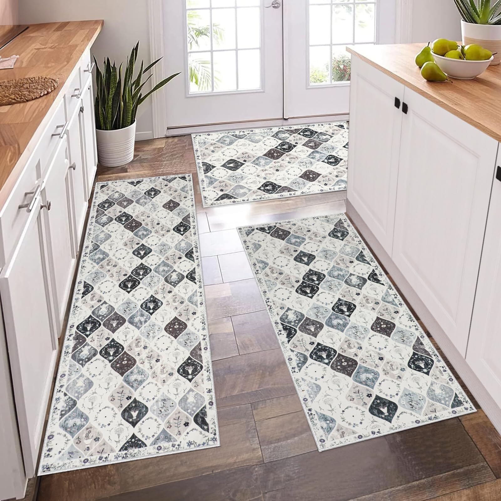 Moroccan Trellis Kitchen Rugs Sets of 3 Non Slip Kitchen Rugs and Mats Washab...