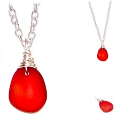 USA  Artisan SILVER wire-wrap SEA GLASS RED pendant chain necklace 7 MERZIEs 