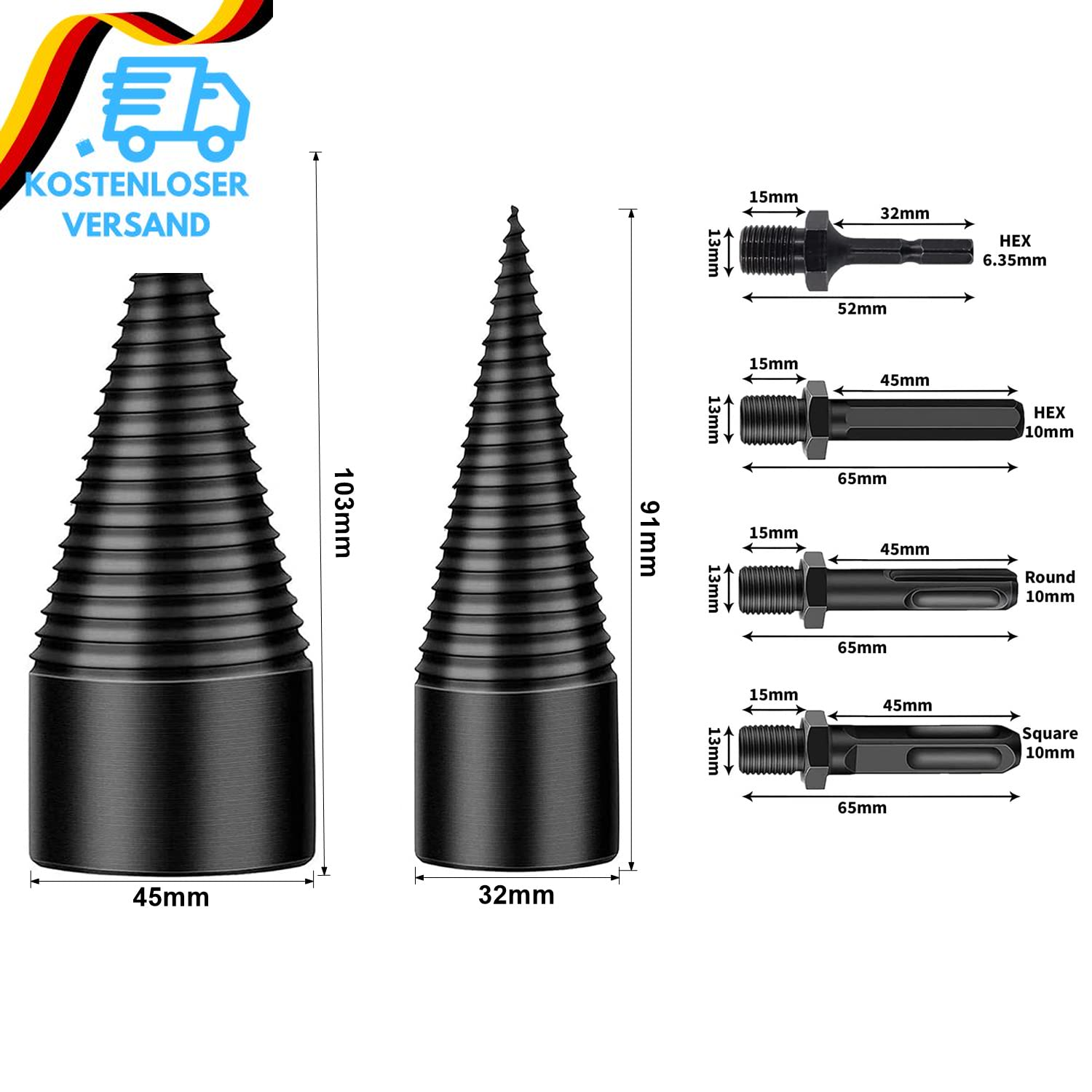 Holzspalter Bohrer Set 50mm + 32mm - Kegelspalter Für Bohrmaschine Mit 4 Griffen