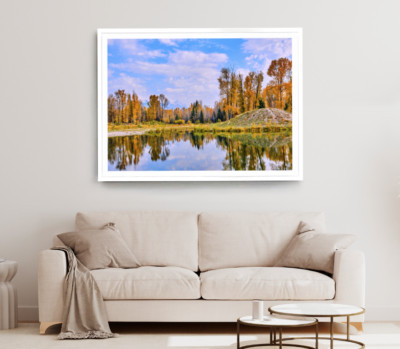 River Print, Trees & Forest Wall Art, Cloudy Sky Framed Nature Wall Art, Natural