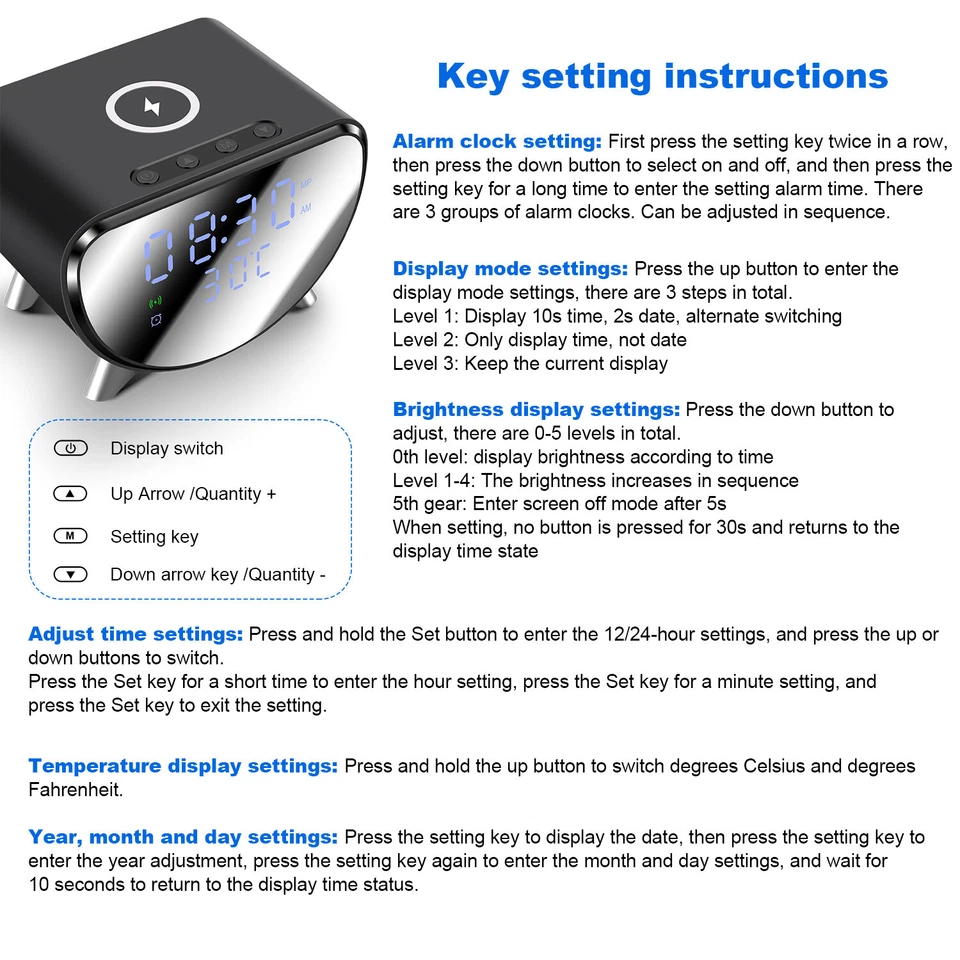 15W Fast Wireless Charger Dock With Alarm Clock Temperature For iPhone Samsung - Image 4 of 4