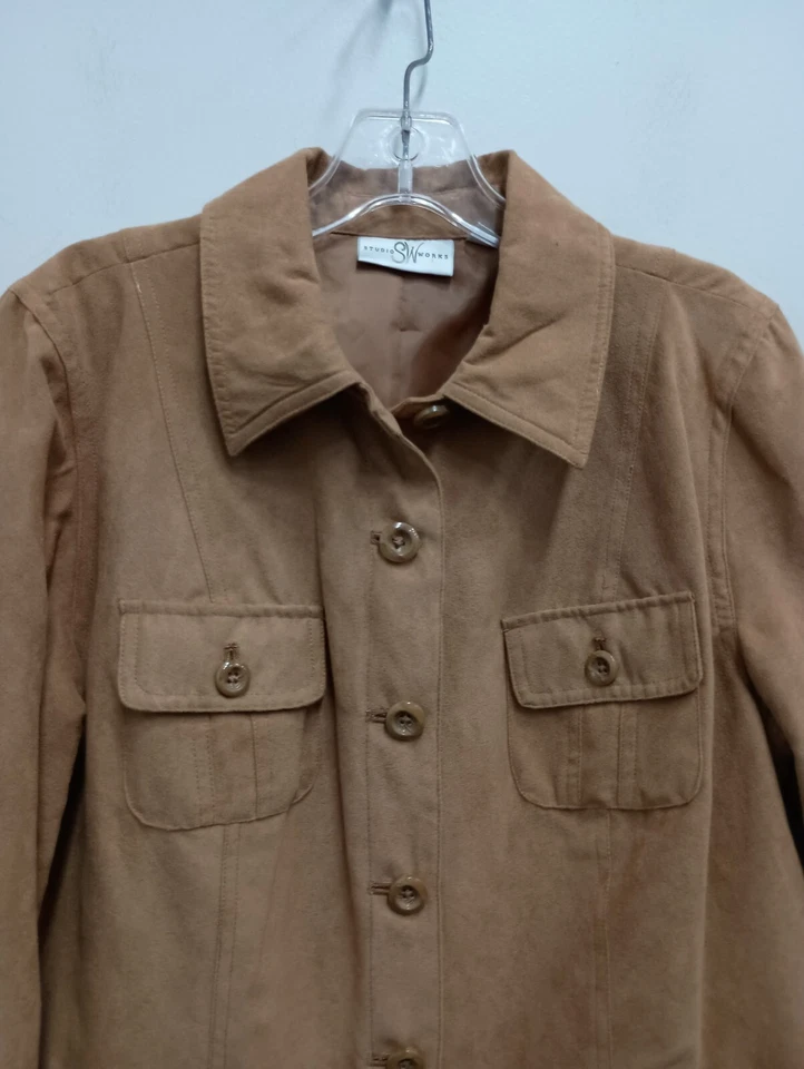 Studio Works Womens Jacket Size 12 Dessert Tan Faux Suede Button Front Carrier - Image 2 of 4