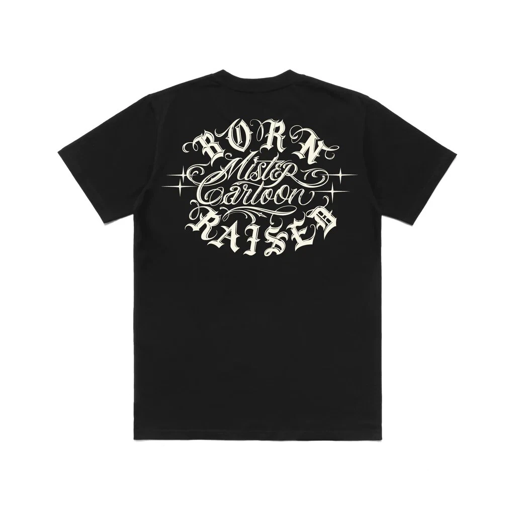 Born x Raised + Mr. Cartoon Script Rocker Tee: Black, Size XL