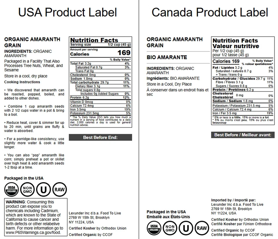 Semillas de amaranto orgánico - sin OGM, kosher, crudas, veganas - por Food to Live Foto 4 de 4