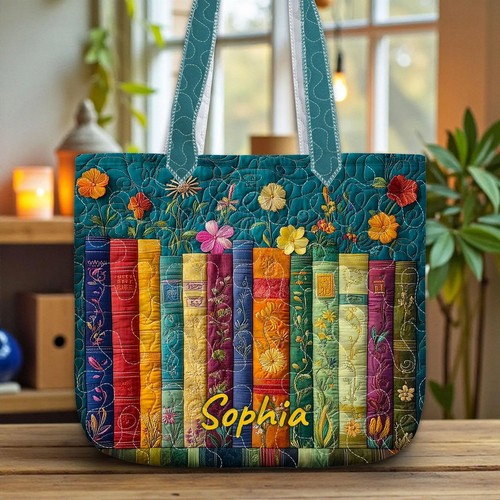Custom Quilted Book Lover Tote Bag Vintage Books Quilt Reader Gift Handbag Tote