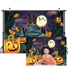 8x6ft Halloween Themed Photography,Backdrop Castle Pumpkin Head Flying Bats Unde
