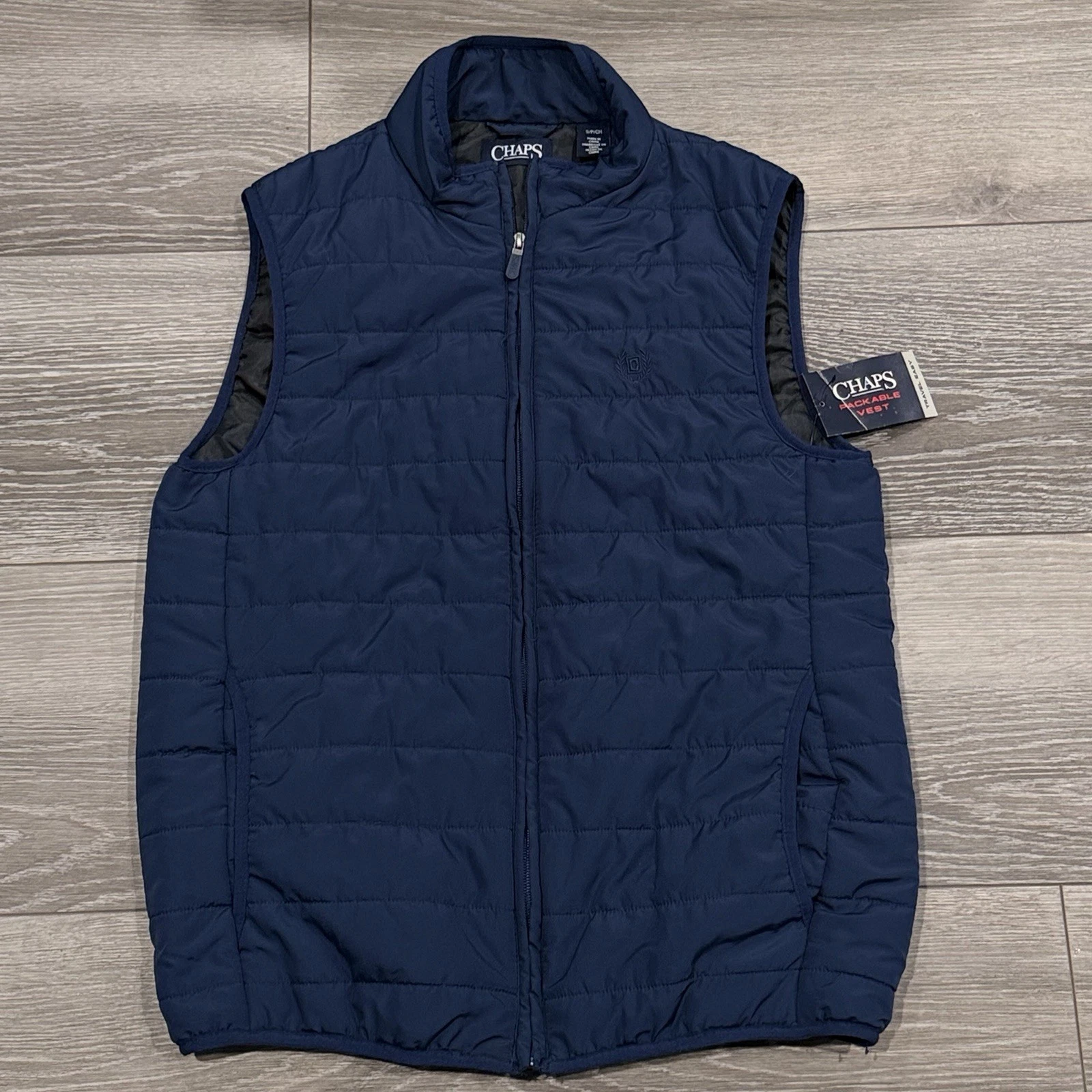 Chaps Packable Puffer Vest Men Small Navy Quilted Insul Full Zip Travel NWT
