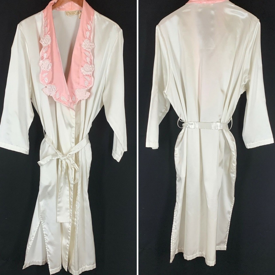 Victoria Secret Long Robe w Belt M/L White Satin Pink Embroidered ...