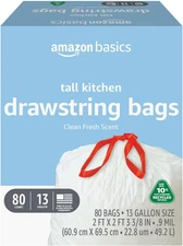 13 Gallon Tall Kitchen Drawstring Trash Bags, Clean Fresh Scent, 10% Post Consum
