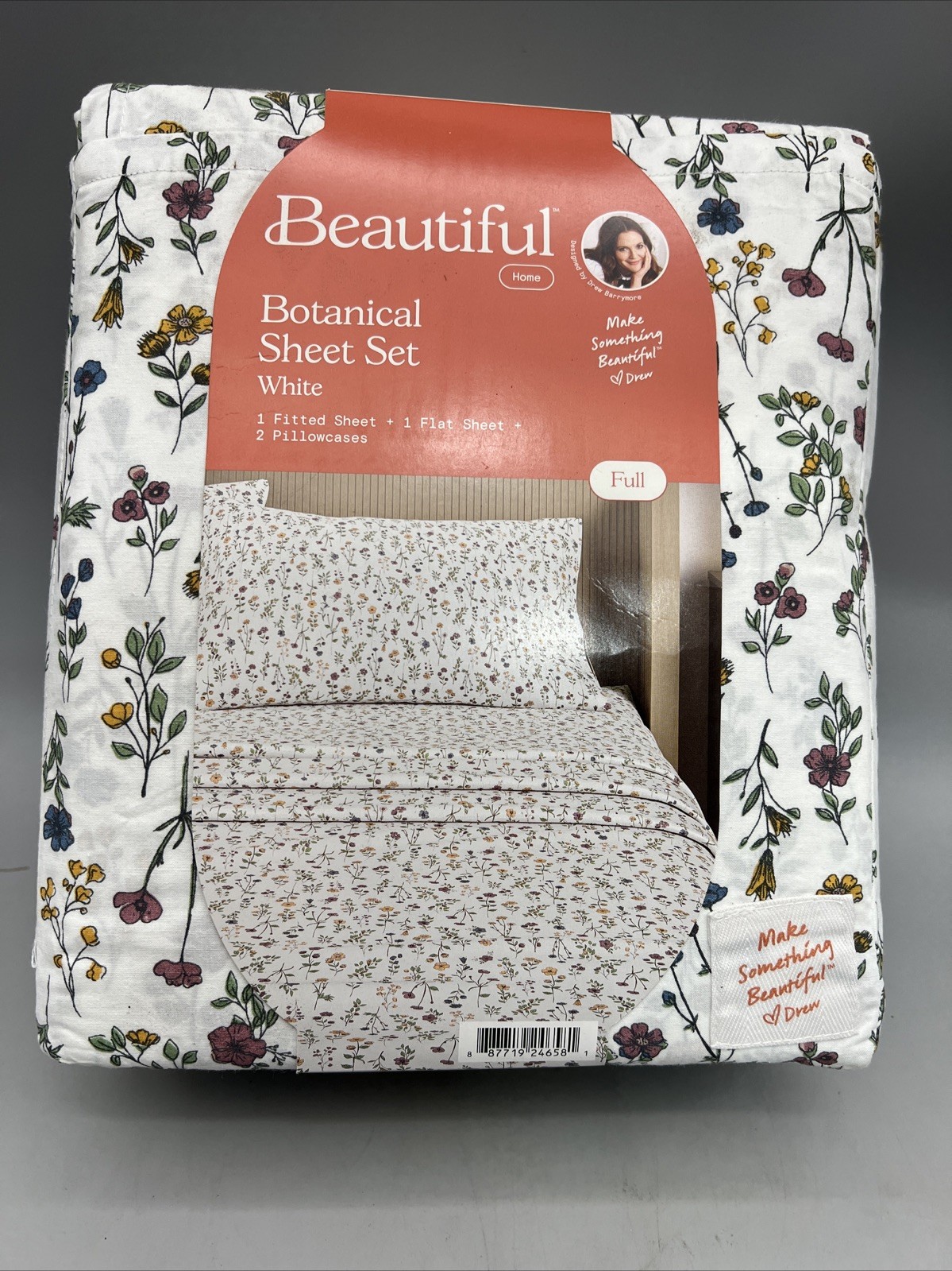 Beautiful Botanical 4-Piece 100% Cotton Washed Percale White Sheet Set, Full