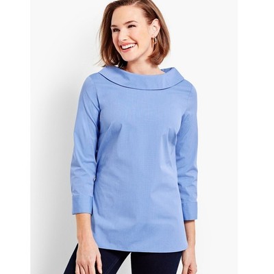 Talbots Sabrina Portrait Poplin Bateau Collar Blouse Blue 3/4 Sleeve L Office