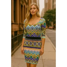 Jean Pierre Klifa Paris Dress Womens Small Colorful Mixed Print Scuba Stretch