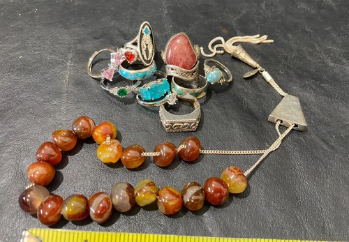 vintage sterling beaded necklace w/ mixed rings some w/ Turquoise and silver