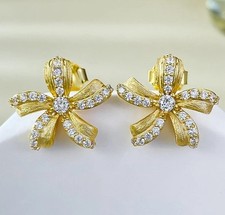 2Ct Round Cut Real Moissanite Womens Flower Stud Earrings 14k Yellow Gold Plated