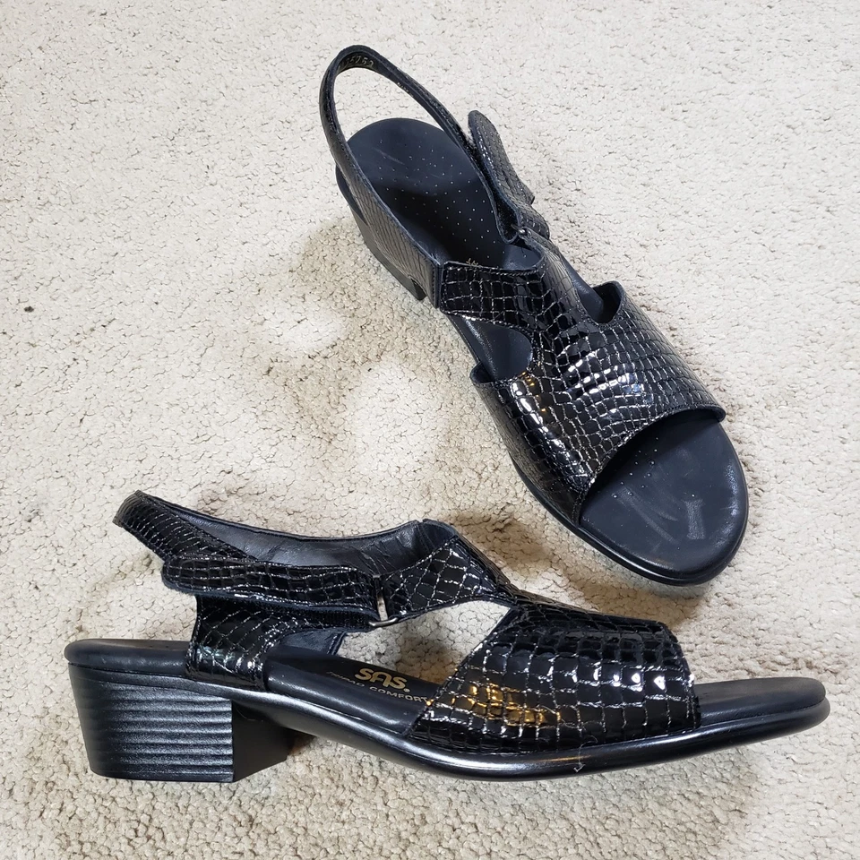 SAS Women’s Tripad Comfort Suntimer Black Sandals Size 12 Heel Strap Patent Croc - Image 2 of 4