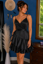 Forever 21 Satin Ruffle Mini Dress Black Sleeveless Wrap Style Tie Back MED NWT