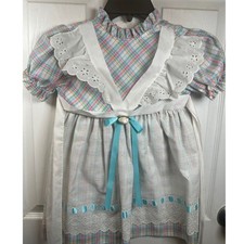 VTG JCPenney Girls Pastel Plaid Eyelet Lace Pinafore Prairie Dress Size 5