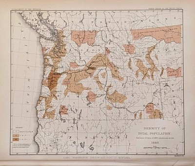 1880 IDAHO ~ MONTANA TERRITORY ~ WASHINGTON ~ OREGON Map ORIGINAL Population