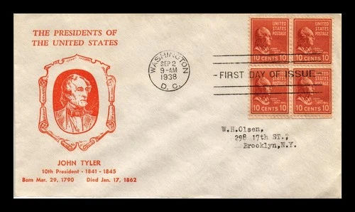 DR JIM STAMPS US COVER JOHN TYLER PRESIDENTIAL SERIES FDC SCOTT 815 BLOCK OF 4