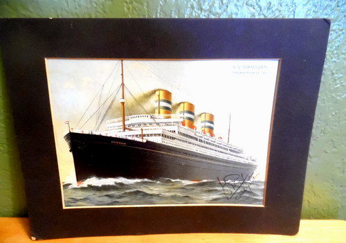 1920'S S.S. STATENDAM HOLLAND AMERICA LINES MATTED PRINT SGND BY CAPTAIN & CREW