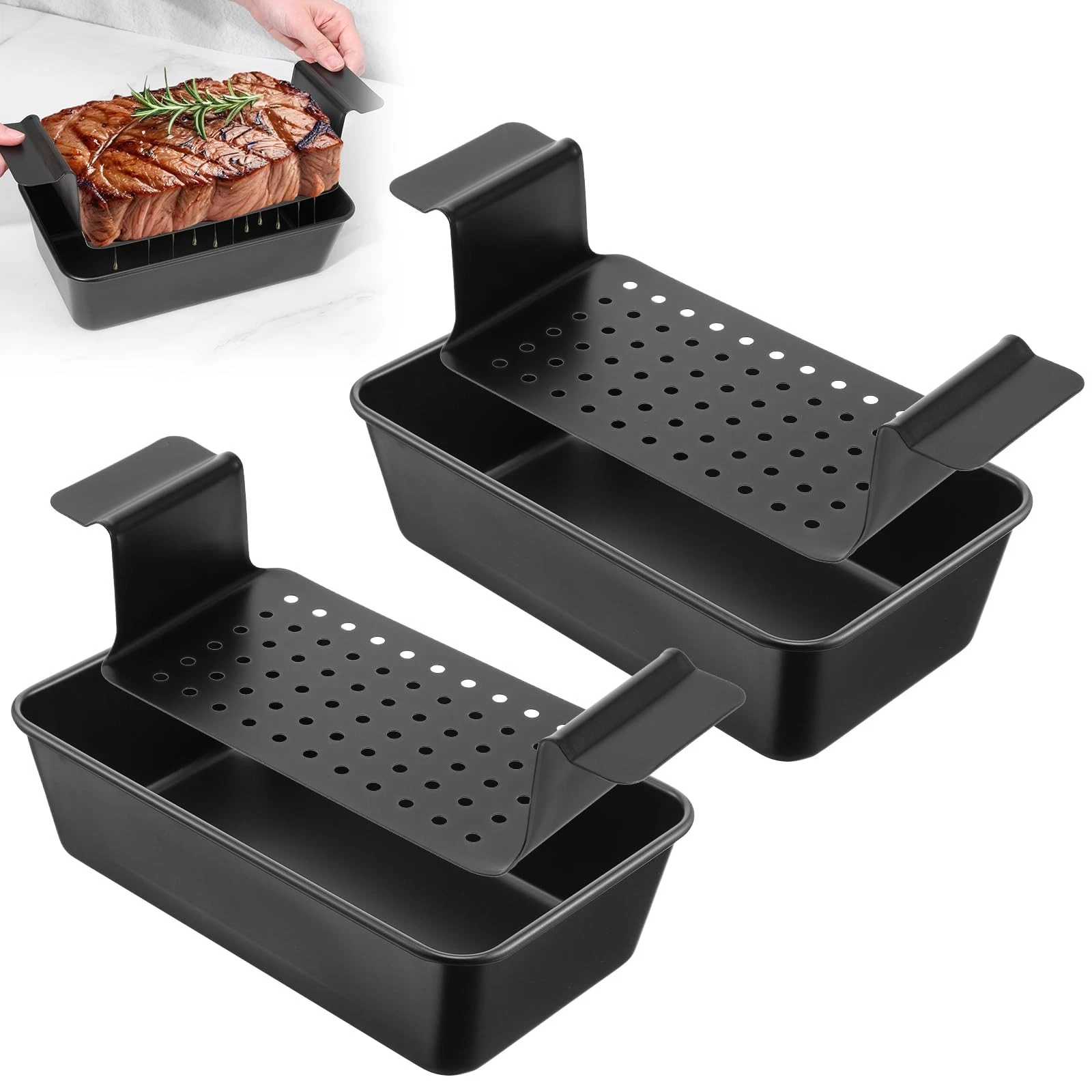2 Set Meatloaf Pan With Drain Tray High-Carbon Steel Nonstick Black