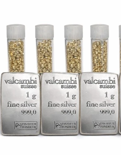 Valcambi Suisse 1g .999 Fine Silver Bars (3x) + Gold Flake Vials (4x)