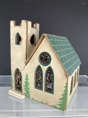 Vintage Christmas Putz Church, Cardboard ~ 4.5" x 4.5" x 5.75" High - Picture 1 of 19