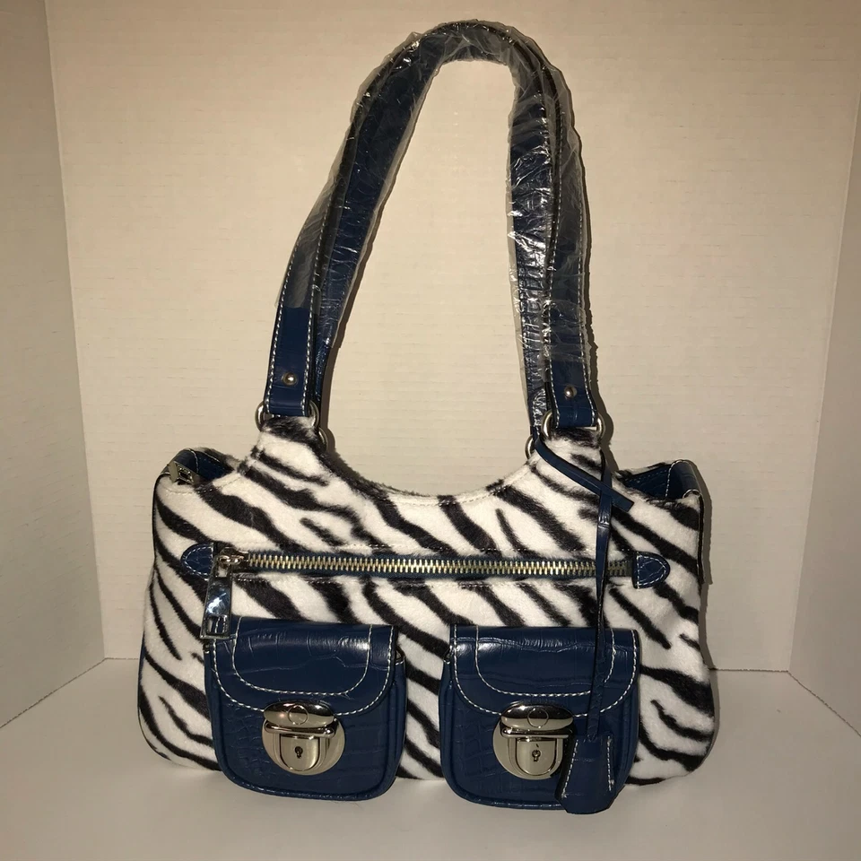 Zebra Print (fuzzy) Handbag w/ blue trim - double handles - pockets - NEW