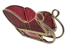 VTG Christmas Stained Glass Sleigh Santa Sled Brass Trim Candy Dish Centerpiece