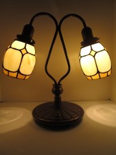 Vtg. Tiffany Style 2 Arm Metal Lamp w/ Stained Glass Shades Switch On Base