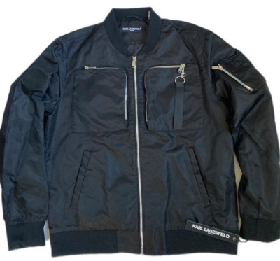 NWT Karl Lagerfeld Bomber Jacket Multi Zip Pocket Men's Sz Large Black