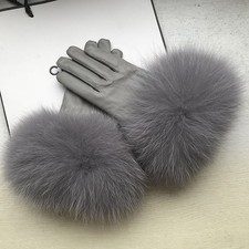 Women's Real Sheepskin Leather Gloves Fox Fur Cuffs Mittens Winter Warm Glove