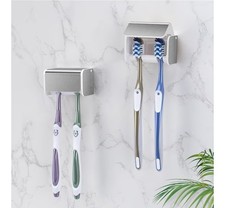 2 Pack Wall Mounted Toothbrush Holders with Cover Self Adhesive Organizer Silver