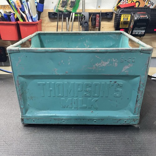 Vintage Thompson’s Milk Metal Crate Pinkerton’s Dairy Box Industrial 16” Teal