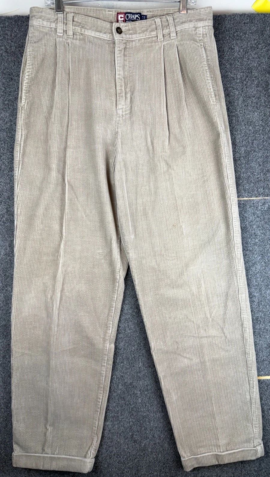 VTG Ralph Lauren Corduroy Pants 34x34 Khaki Pleated Chunky Baggy High Waist 90s
