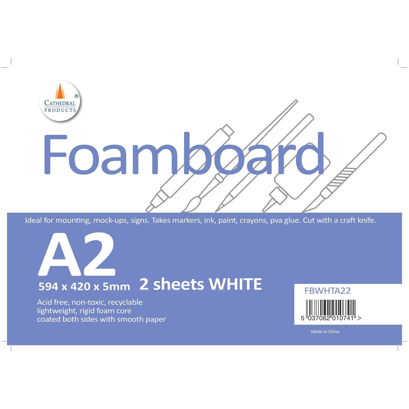 Cathedral Products Foamboard White 5mm A2 (420 x 594mm) 2pk
