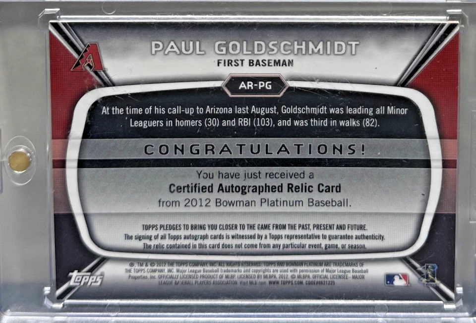 2012 Bowman Platinum Paul Goldschmidt Relic Auto - Image 2 of 2