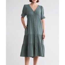 Madewell Tiered Button-front Midi V-neck Dress Lightspun Cotton Gauze