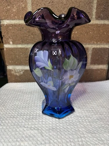 Fenton Mulberry Hexagonal Vase Hand Painted George Fenton & M. Kibbe Signed