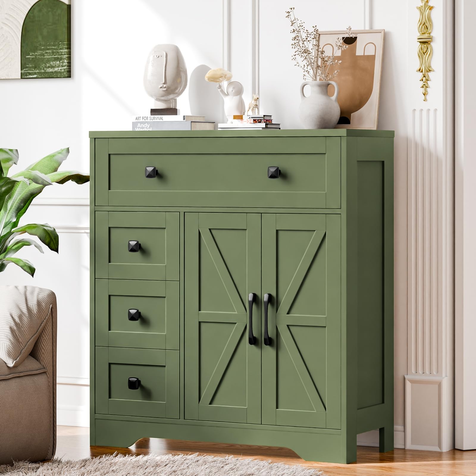 Farmhouse Floor Cabinet 2 Doors 4 Drawers Bathroom Kitchen Living Room Green
