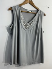 Womans Susan Graver Sleeveless Pullover Blouse XL Gray V Neck Stud Accent