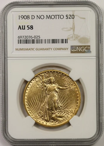 1908-D No Motto $20 NGC AU 58 Saint-Gaudens Gold Double Eagle