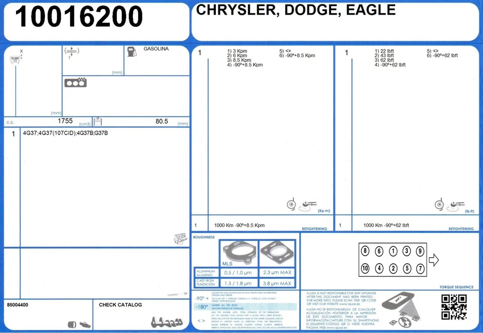 Full Engine Rebuild Conversion Gasket Set MITSUBISHI MIRAGE 1.8 90 G37B (1986-) - Image 2 of 2