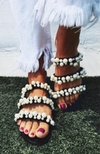 ZARA BLACK FLAT SHOES BEADED STRAPPY SANDALS WITH PEARLS UK 6 EUR 39 US 8 NEW